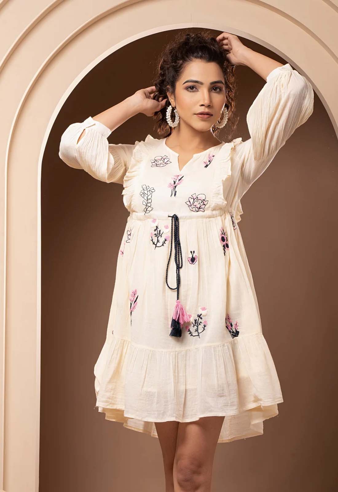 Women Cotton Embroidered Frill Mini Dress – Nyaro