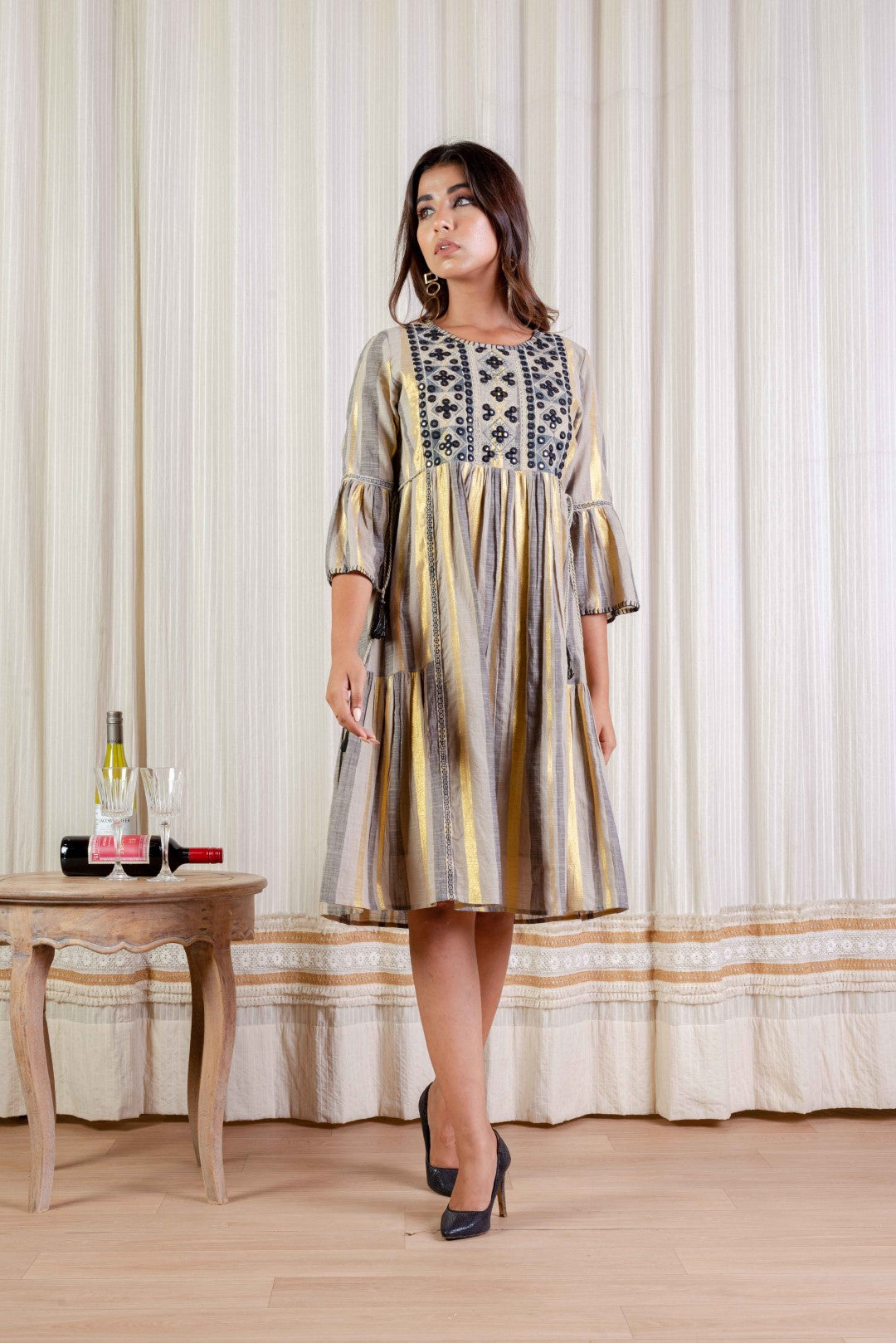 Women Yarn Dye Stripes Embroidered Midi Dress