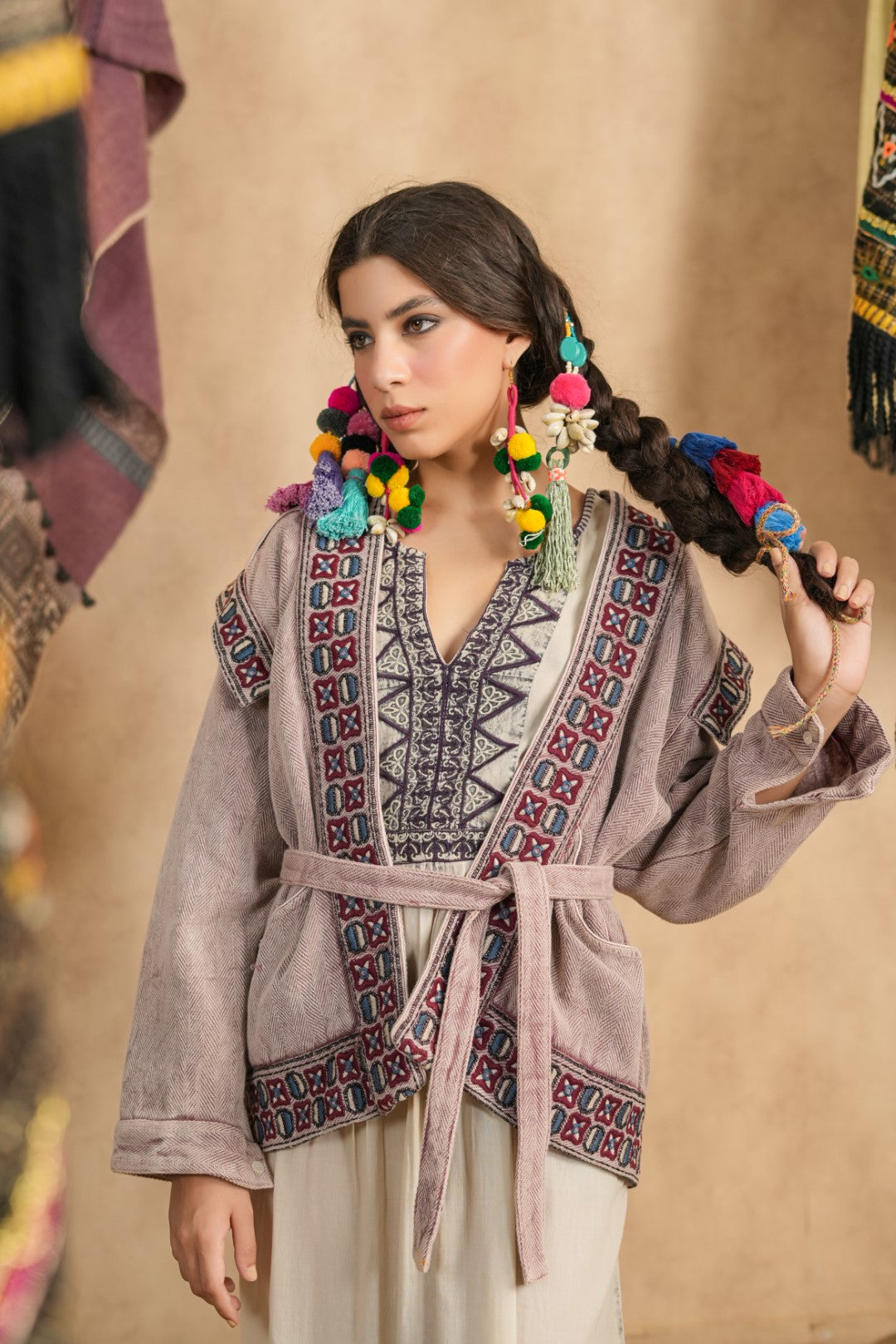 Women Cotton Twill Embroidered Jacket With Belt, Pocket – Nyaro