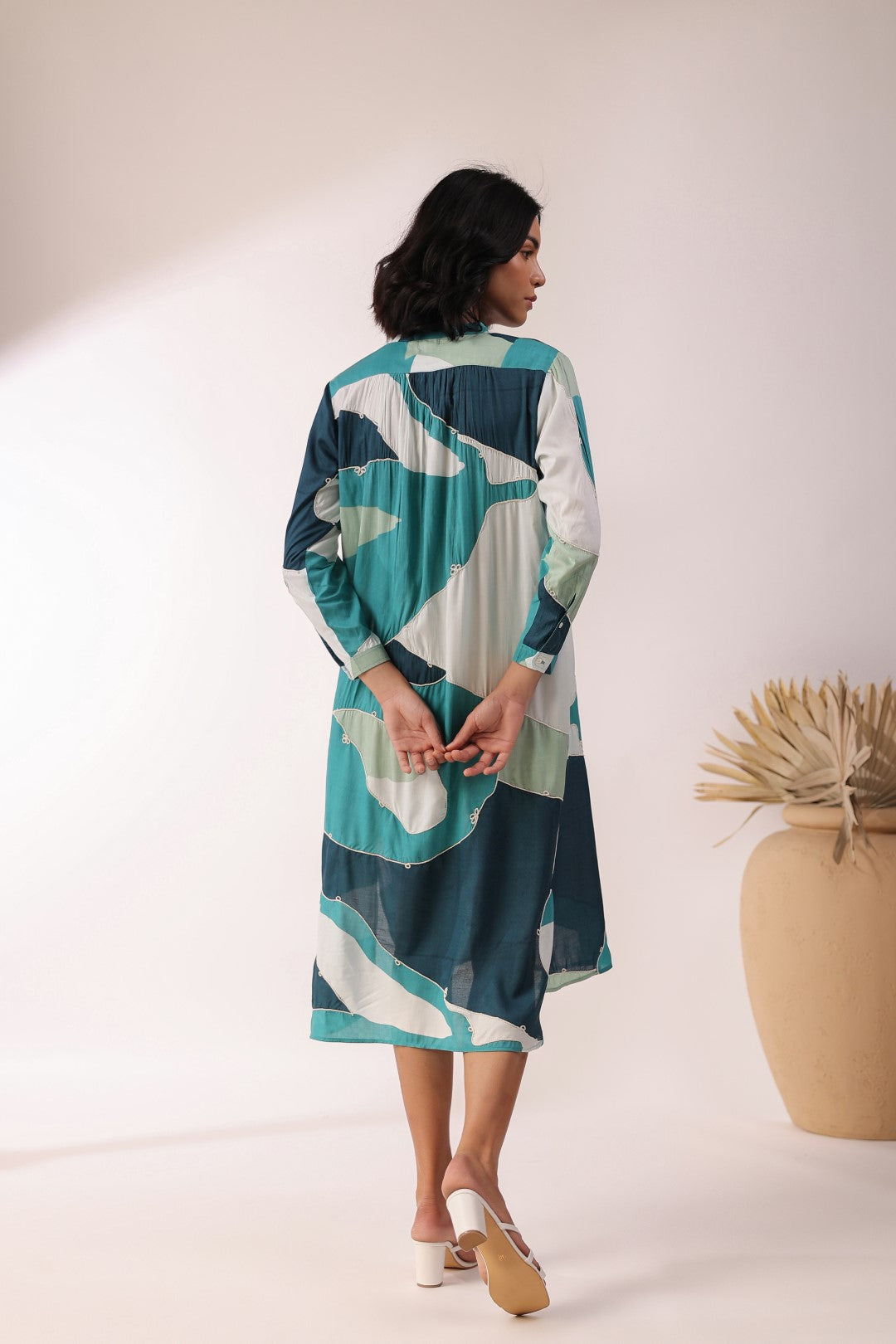 Women Green 60's Modal Viscose Dori Embroidery Dress