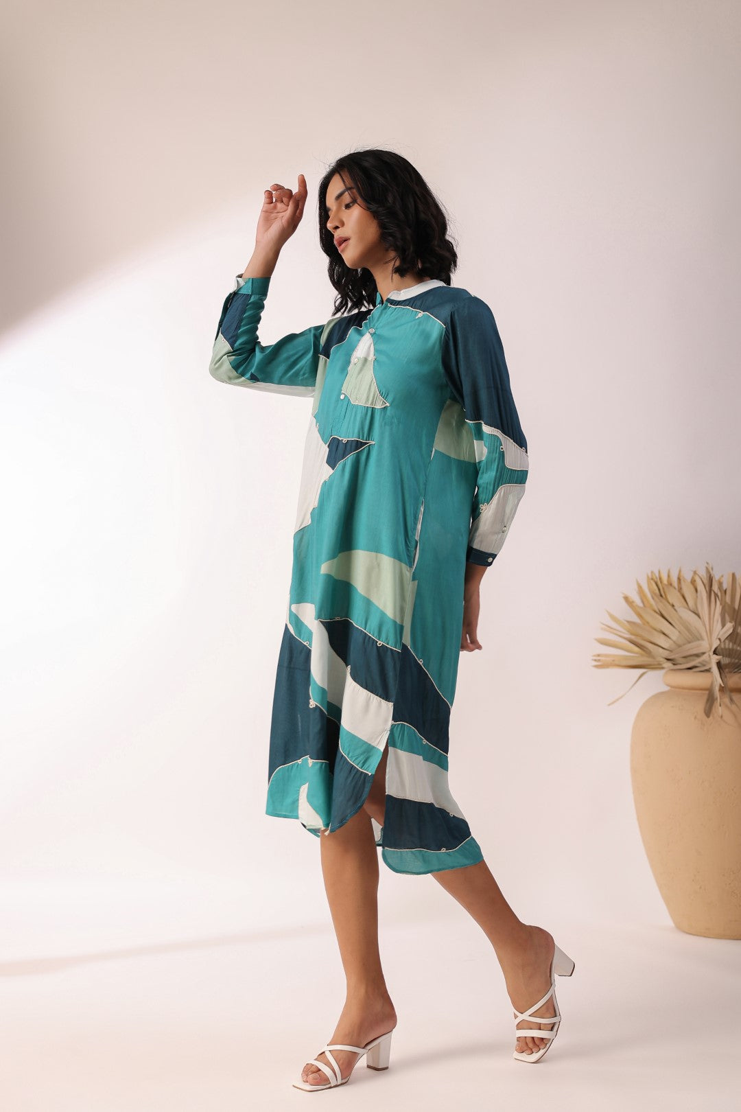 Women Green 60's Modal Viscose Dori Embroidery Dress