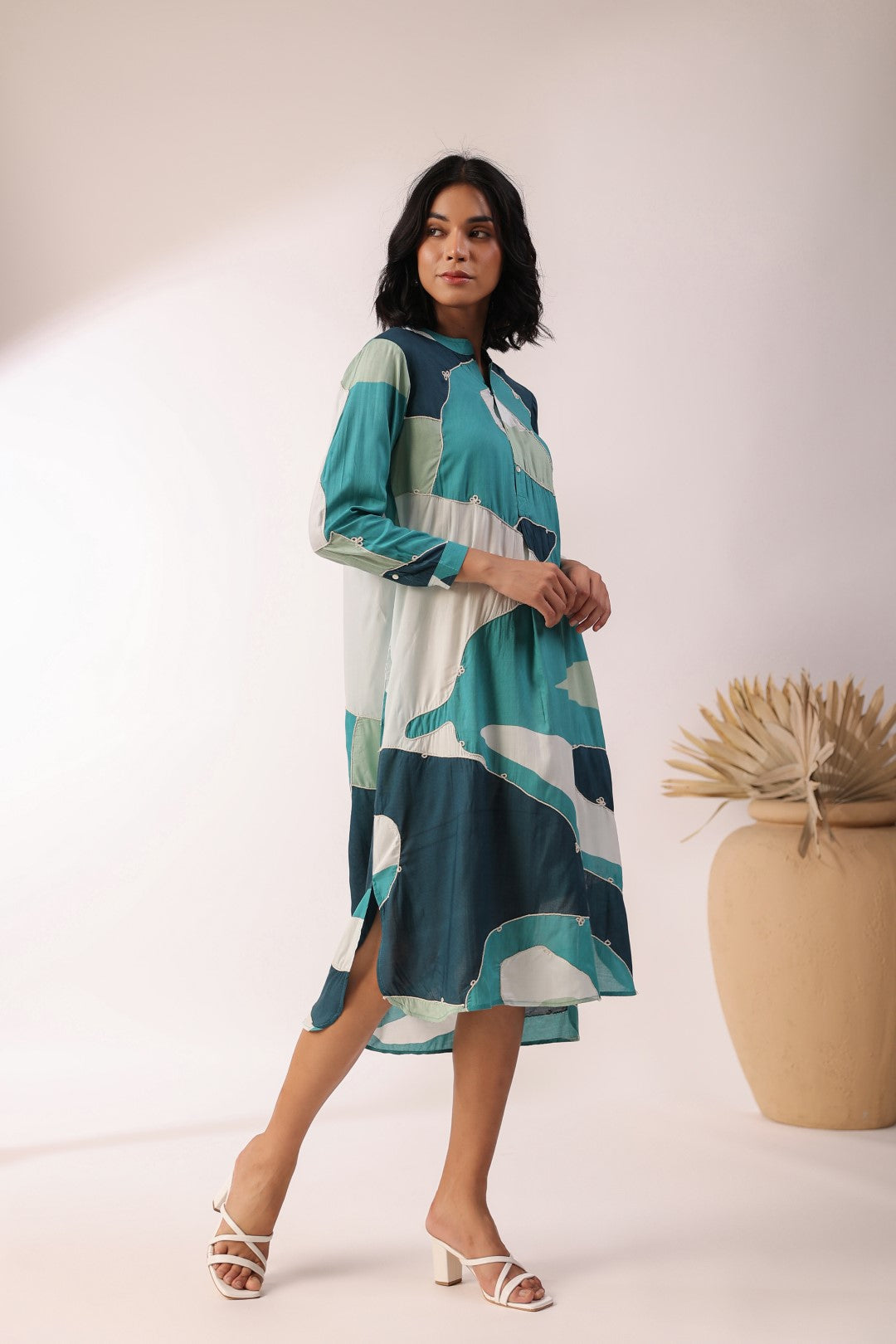 Women Green 60's Modal Viscose Dori Embroidery Dress