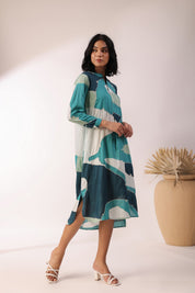 Women Green 60's Modal Viscose Dori Embroidery Dress