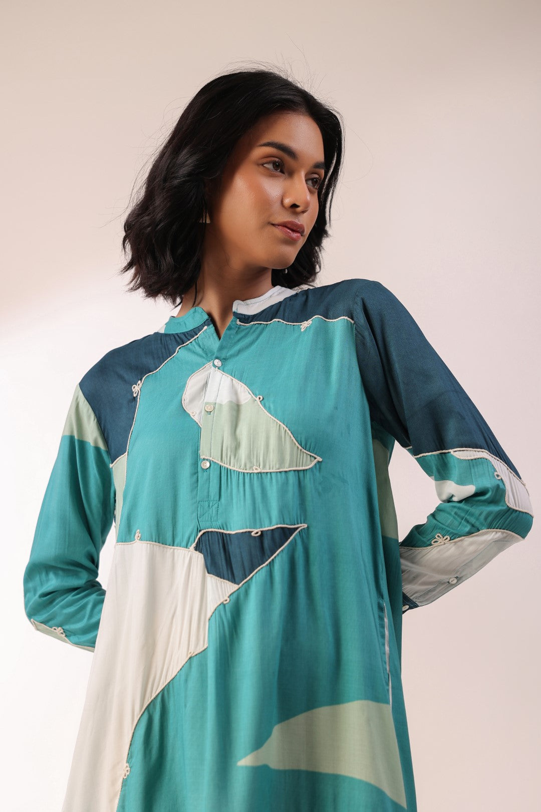 Women Green 60's Modal Viscose Dori Embroidery Dress