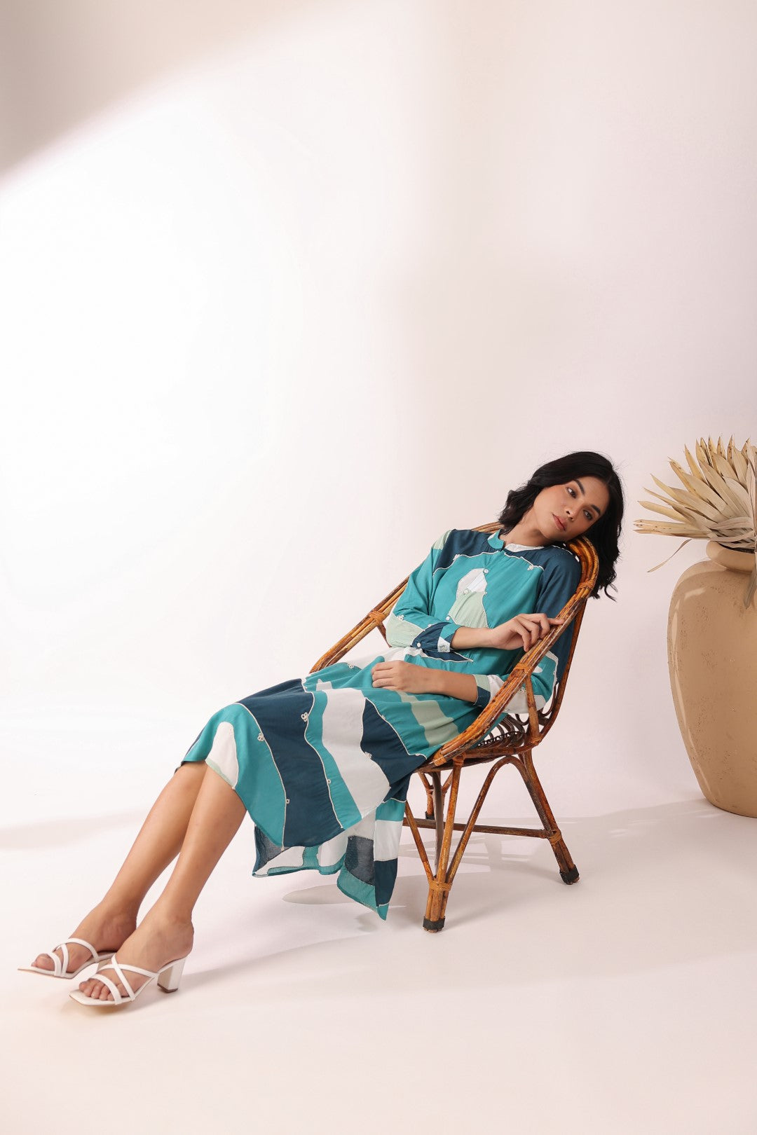 Women Green 60's Modal Viscose Dori Embroidery Dress