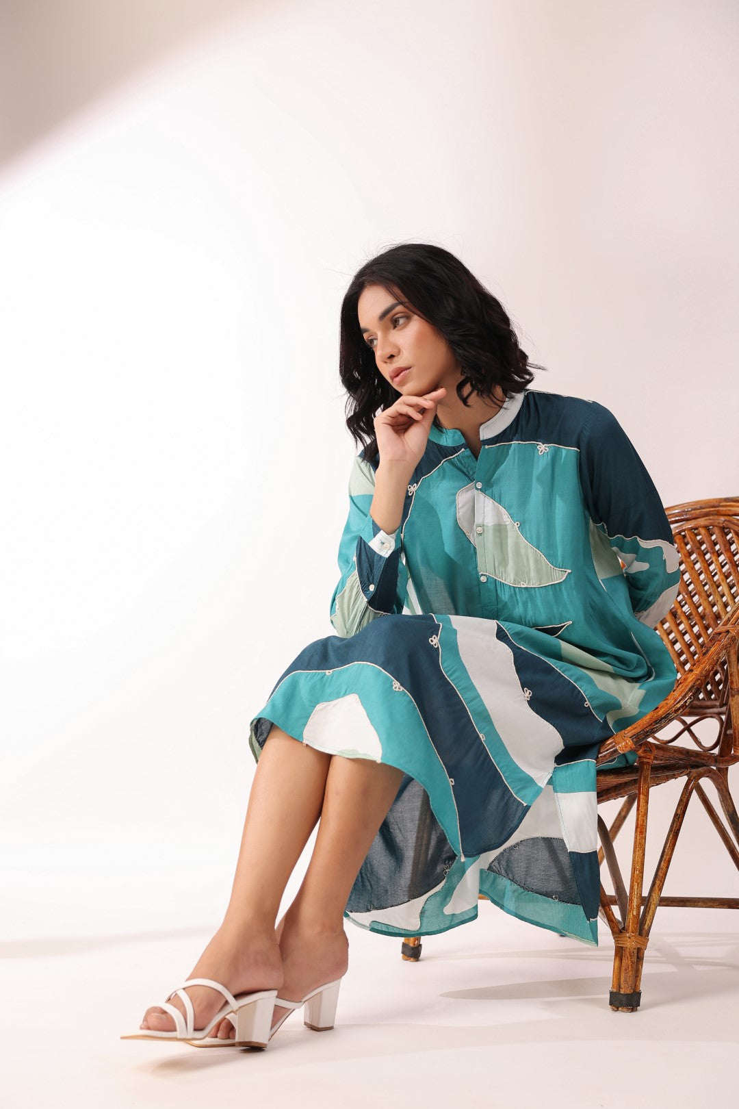 Women Green 60's Modal Viscose Dori Embroidery Dress