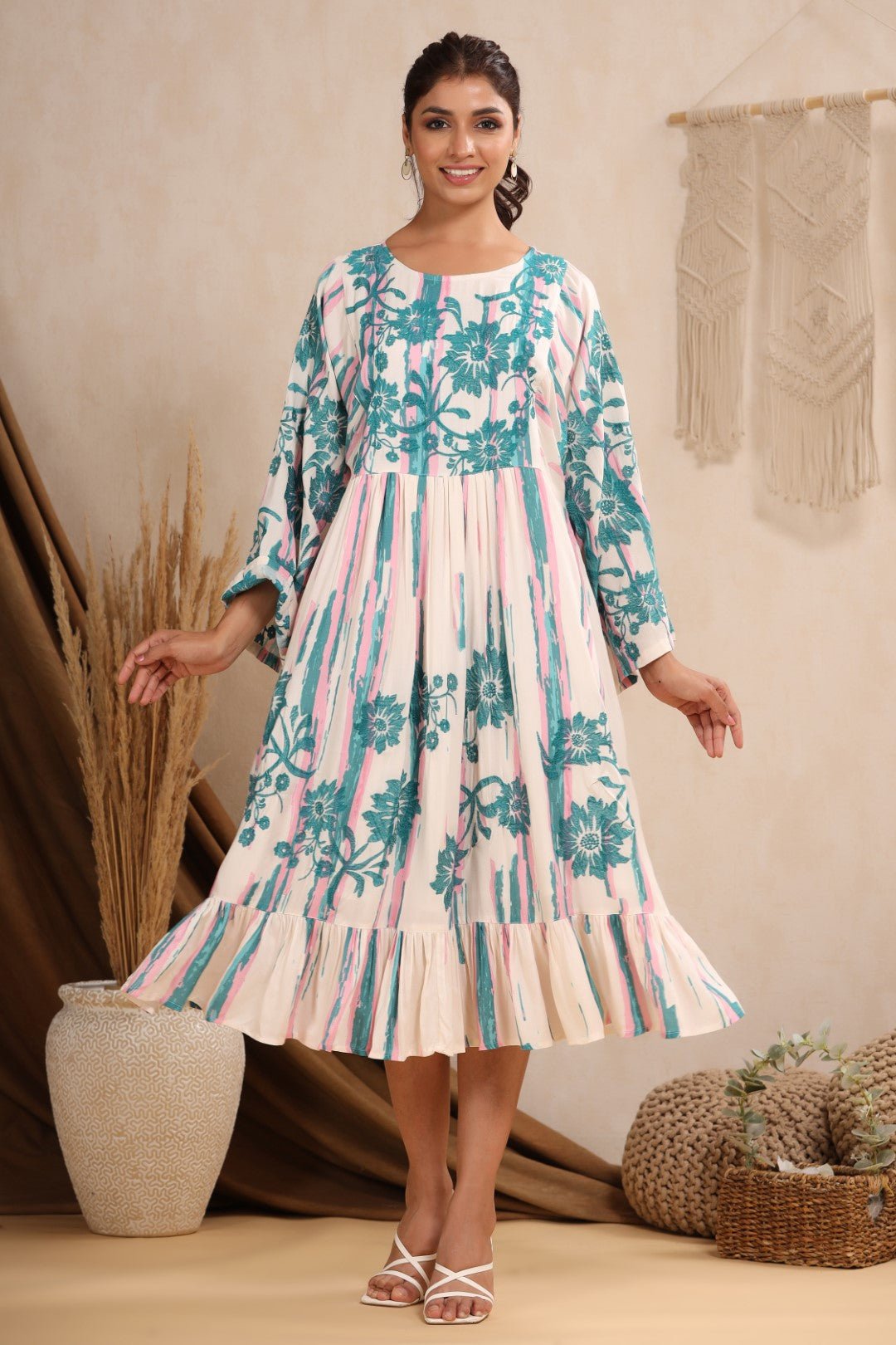 Women Rayon Printed Embroidery Flared Midi Dress – Nyaro