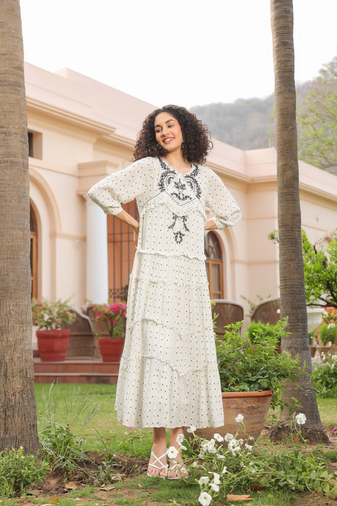 Women White Rayon Crepe Black Embroidered Frill Detailing Dress Nyaro Women White Rayon Crepe Black Embroidered Frill Detailing Dress Nyaro