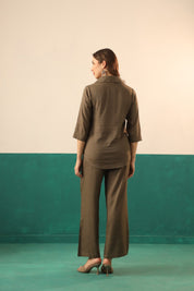 Olive Cotton Linen Shirt & Pant Co-Ord Set for Women