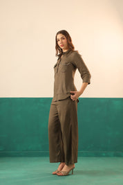 Olive Cotton Linen Shirt & Pant Co-Ord Set for Women