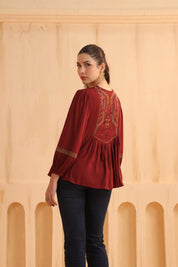 Maroon Embroidered Cotton Linen Gathered Top for Women