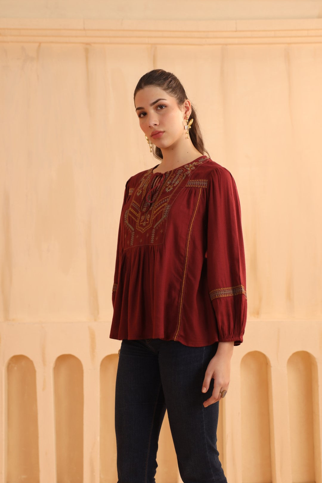 Maroon Embroidered Cotton Linen Gathered Top for Women