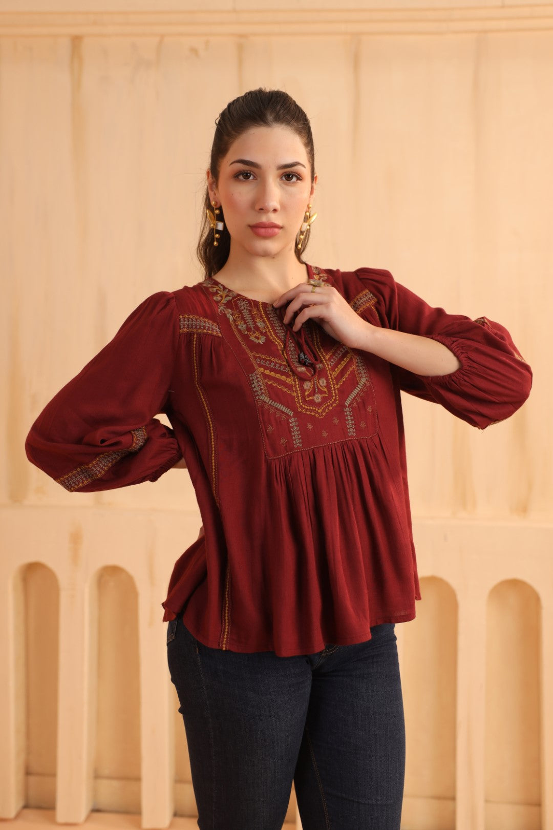 Maroon Embroidered Cotton Linen Gathered Top for Women