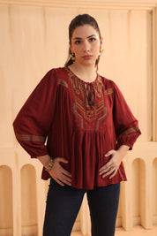 Maroon Embroidered Cotton Linen Gathered Top for Women