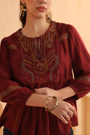 Maroon Embroidered Cotton Linen Gathered Top for Women