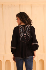Black Embroidered Cotton Linen Gathered Top for Women