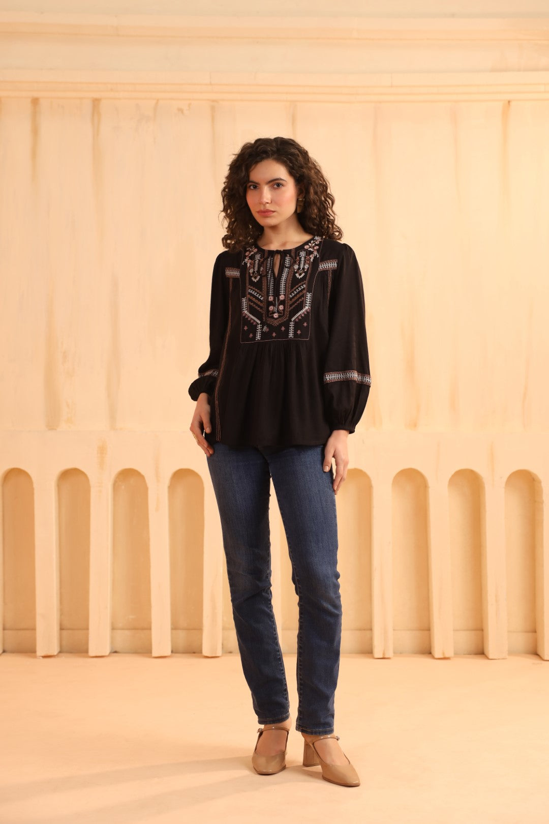 Black Embroidered Cotton Linen Gathered Top for Women