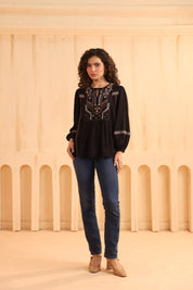 Black Embroidered Cotton Linen Gathered Top for Women