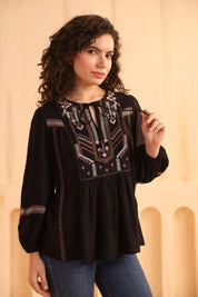 Black Embroidered Cotton Linen Gathered Top for Women