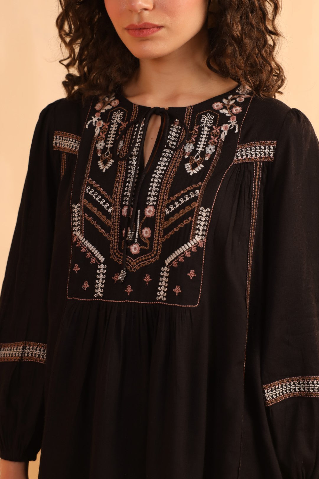 Black Embroidered Cotton Linen Gathered Top for Women