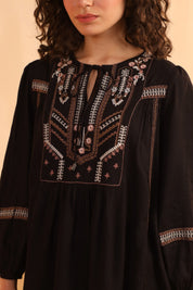 Black Embroidered Cotton Linen Gathered Top for Women