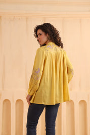 Mustard Yellow Embroidered Cotton Linen Shirt Style Top for Women