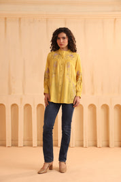 Mustard Yellow Embroidered Cotton Linen Shirt Style Top for Women