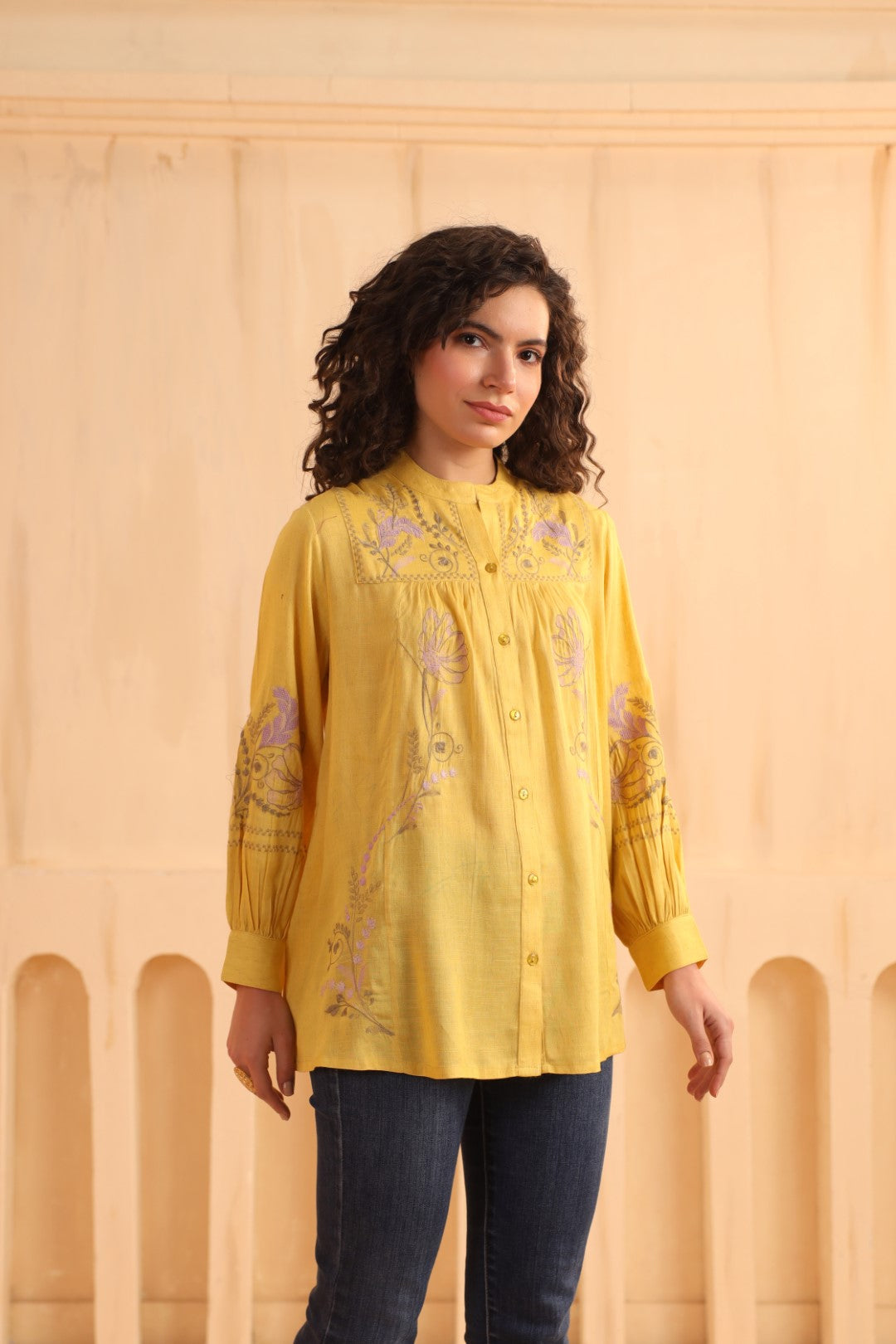 Mustard Yellow Embroidered Cotton Linen Shirt Style Top for Women
