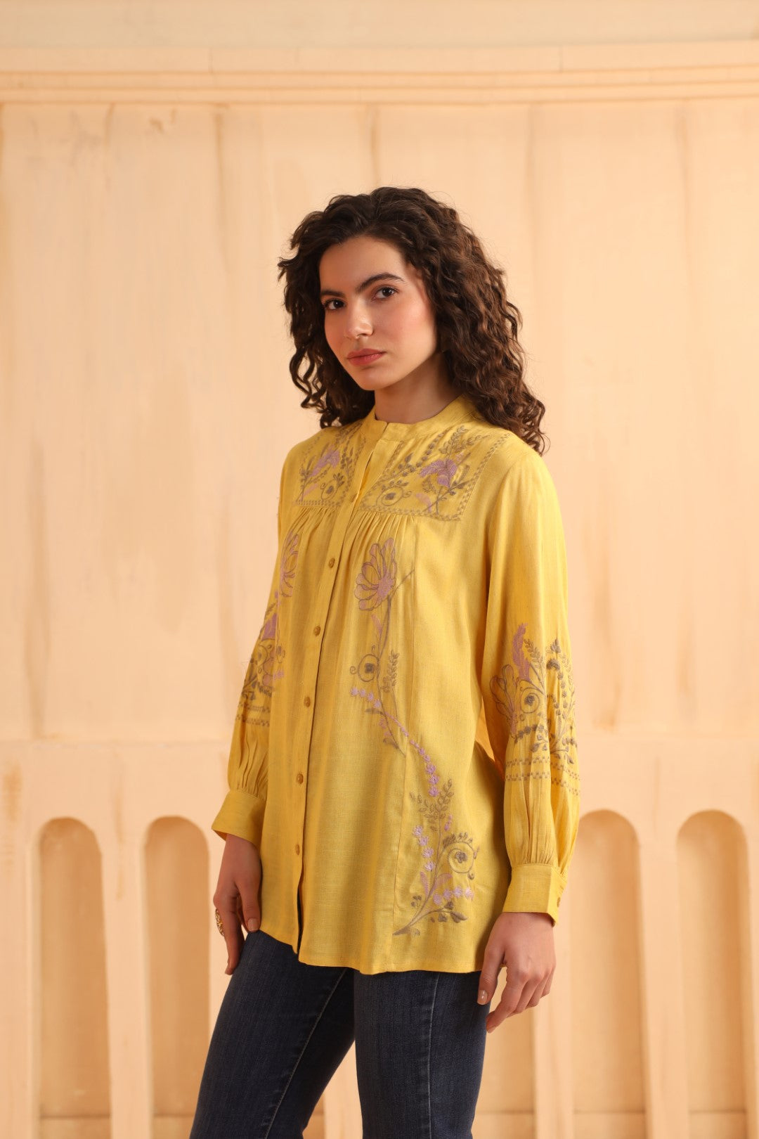 Mustard Yellow Embroidered Cotton Linen Shirt Style Top for Women