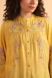 Mustard Yellow Embroidered Cotton Linen Shirt Style Top for Women