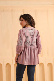 Mauve Embroidered Cotton Linen Gathered Top for Women