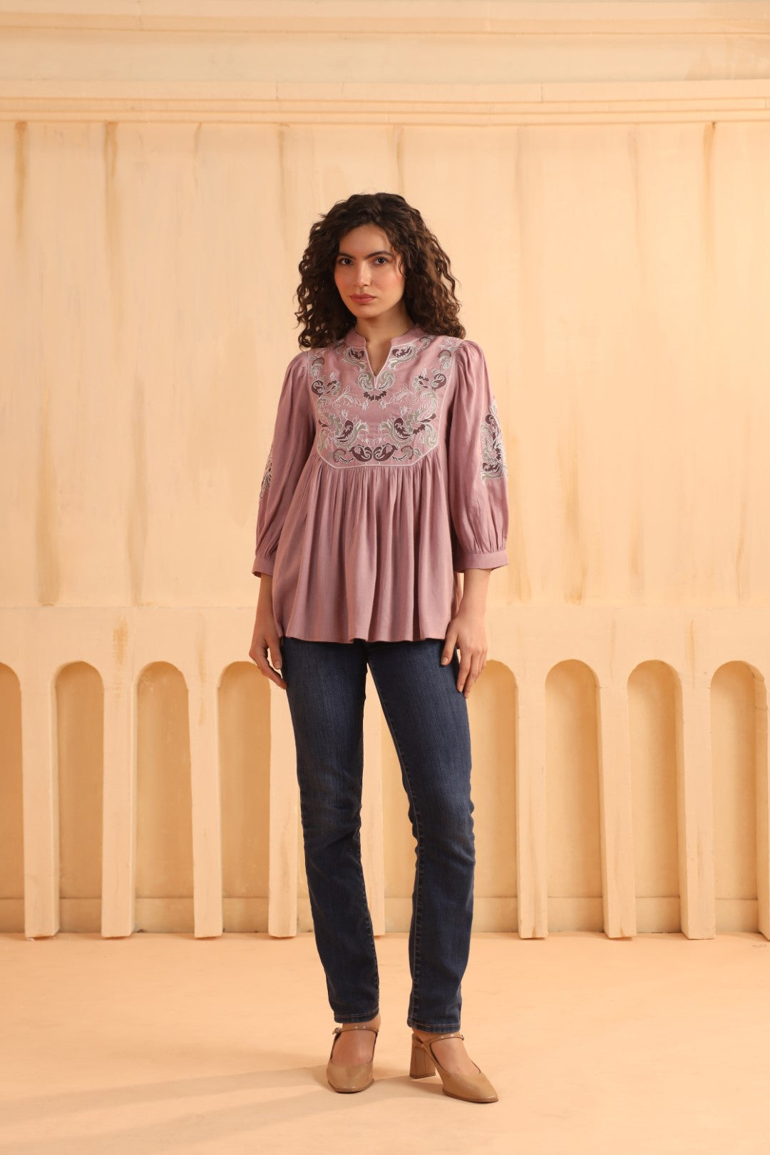 Mauve Embroidered Cotton Linen Gathered Top for Women