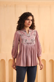 Mauve Embroidered Cotton Linen Gathered Top for Women