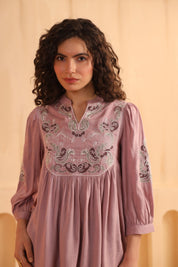 Mauve Embroidered Cotton Linen Gathered Top for Women