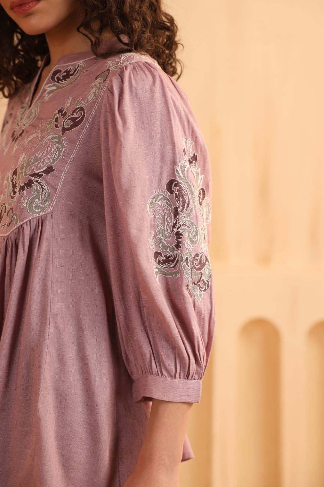 Mauve Embroidered Cotton Linen Gathered Top for Women