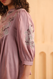Mauve Embroidered Cotton Linen Gathered Top for Women