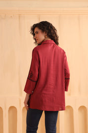 Crimson Red Embroidered Cotton Linen Shirt Style Top for Women