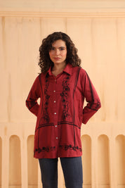 Crimson Red Embroidered Cotton Linen Shirt Style Top for Women