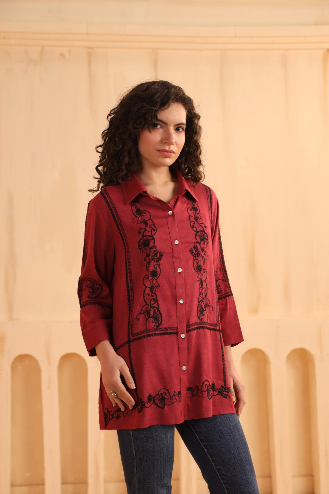 Crimson Red Embroidered Cotton Linen Shirt Style Top for Women