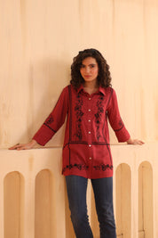 Crimson Red Embroidered Cotton Linen Shirt Style Top for Women