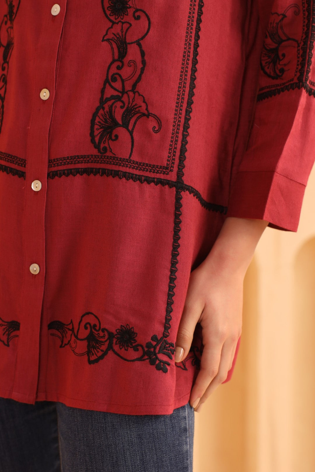 Crimson Red Embroidered Cotton Linen Shirt Style Top for Women