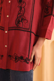 Crimson Red Embroidered Cotton Linen Shirt Style Top for Women
