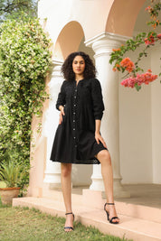 Women Black Cotton Dobby Jacquard Cut Work Embroidered Beads Word Midi Dress
