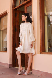 Women Off White Modal Satin Embroidered Beads Word Midi Dress