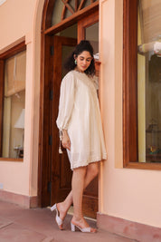 Women Off White Modal Satin Embroidered Beads Word Midi Dress