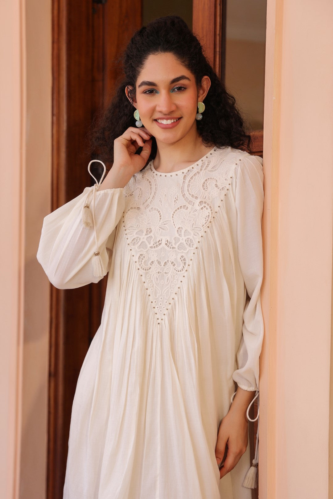 Women Off White Modal Satin Embroidered Beads Word Midi Dress