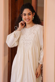 Women Off White Modal Satin Embroidered Beads Word Midi Dress