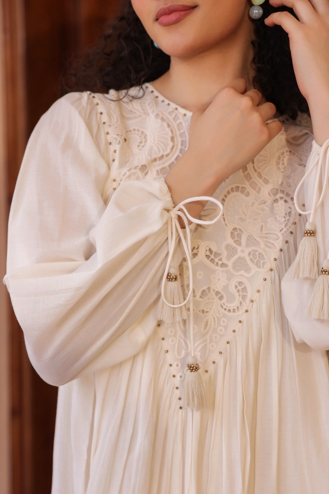 Women Off White Modal Satin Embroidered Beads Word Midi Dress