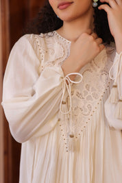 Women Off White Modal Satin Embroidered Beads Word Midi Dress