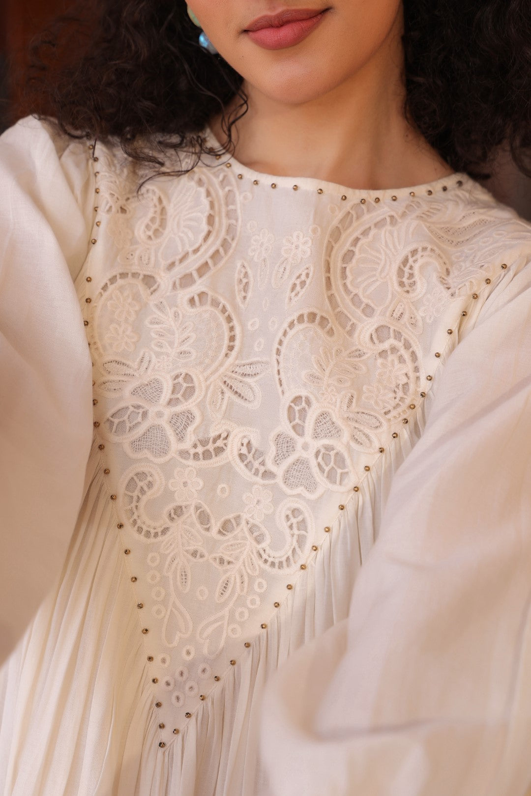 Women Off White Modal Satin Embroidered Beads Word Midi Dress